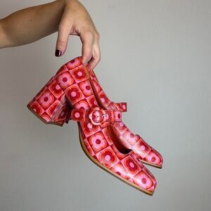 Carel Paris Flower print Pink and Orange Patent Leather Block Heel Mary Janes